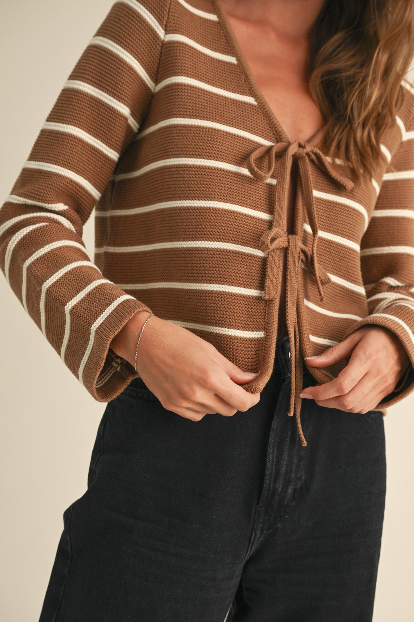 Striped Tie Front Knit Cardigan Product Image