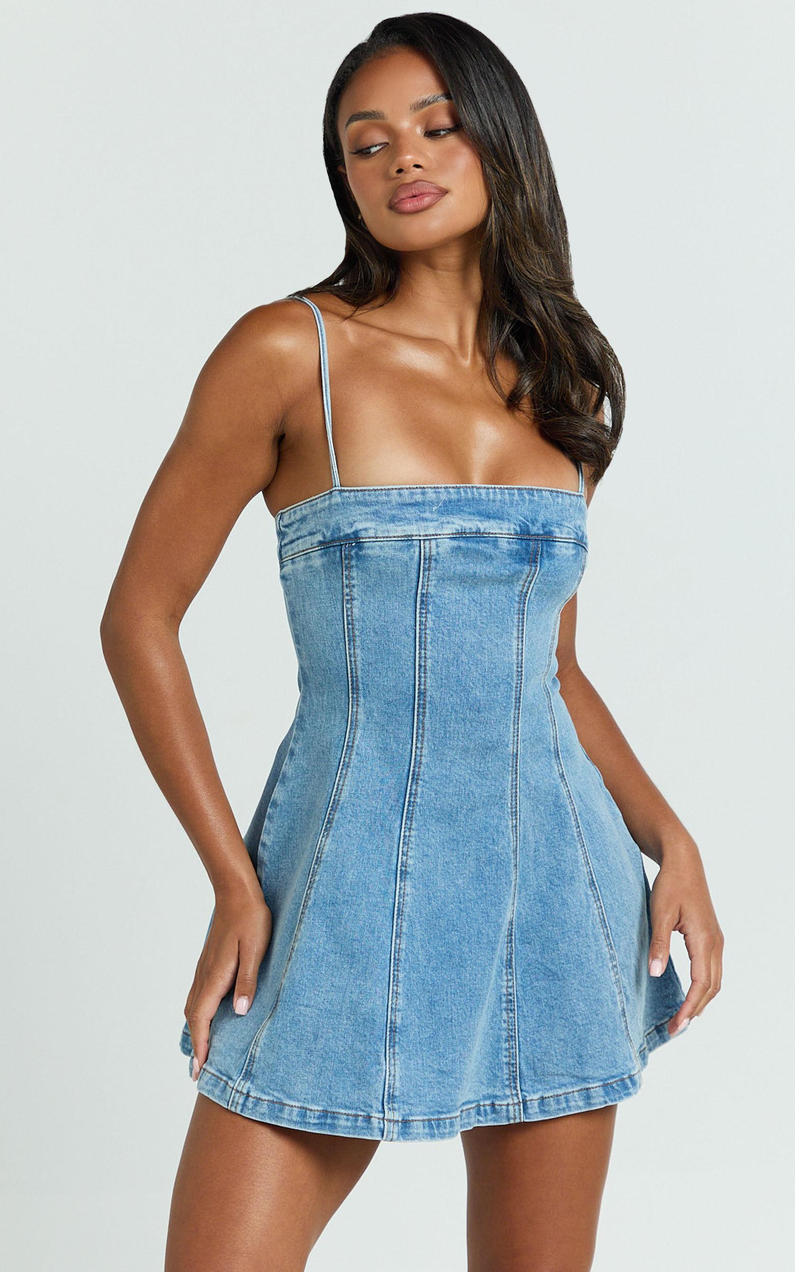 Sally Mini Dress - Straight Neck Fit and Flare Denim Dress in Mid Blue Wash Product Image