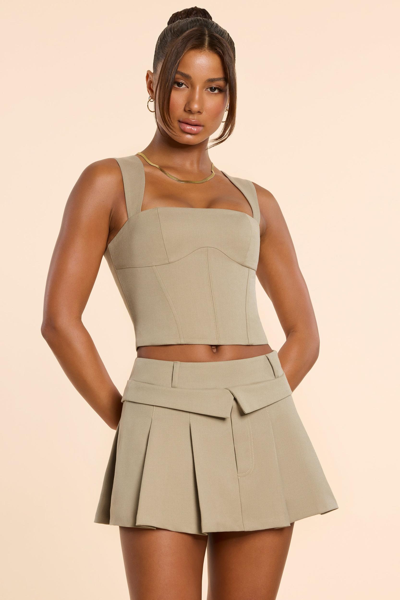 Brushed Twill Mid Rise Pleated Micro Mini Skirt in Taupe Product Image
