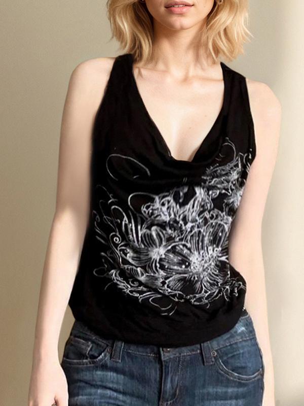 Dark Retro Print Casual Top Product Image