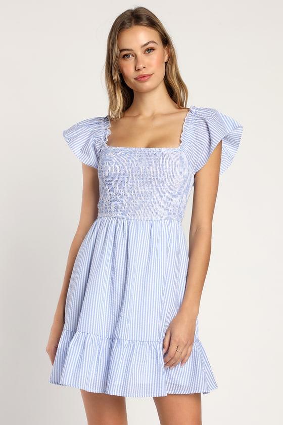 Seer Delight Blue Striped Smocked Ruffled Mini Dress Product Image