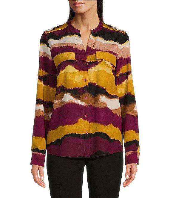 Calvin Klein Abstract Printed Split V Neckline Roll Tab Long Sleeve Blouse Product Image