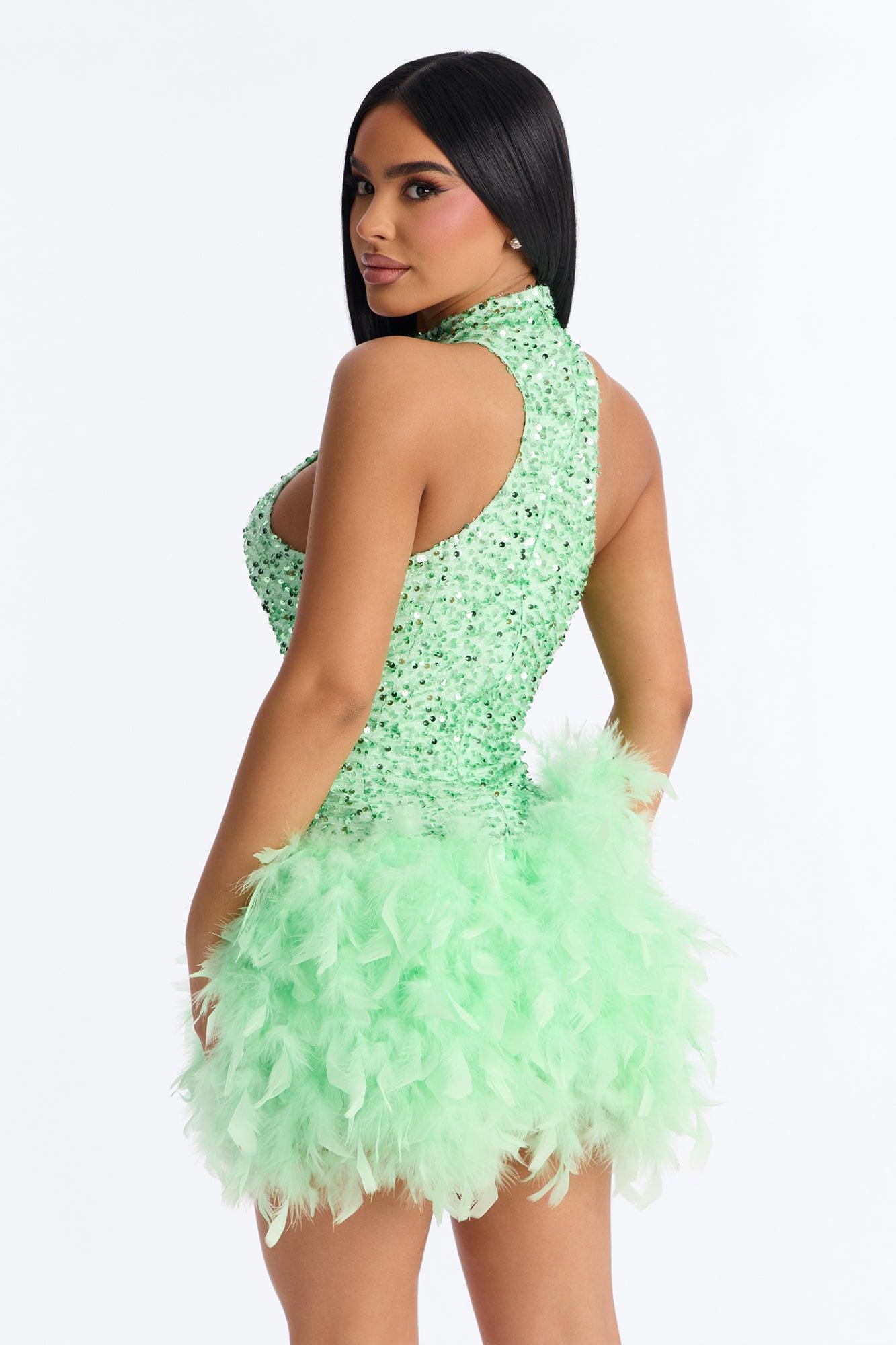 Zoey Feathered Sequin High Neck Mini Dress - Mint Female Product Image