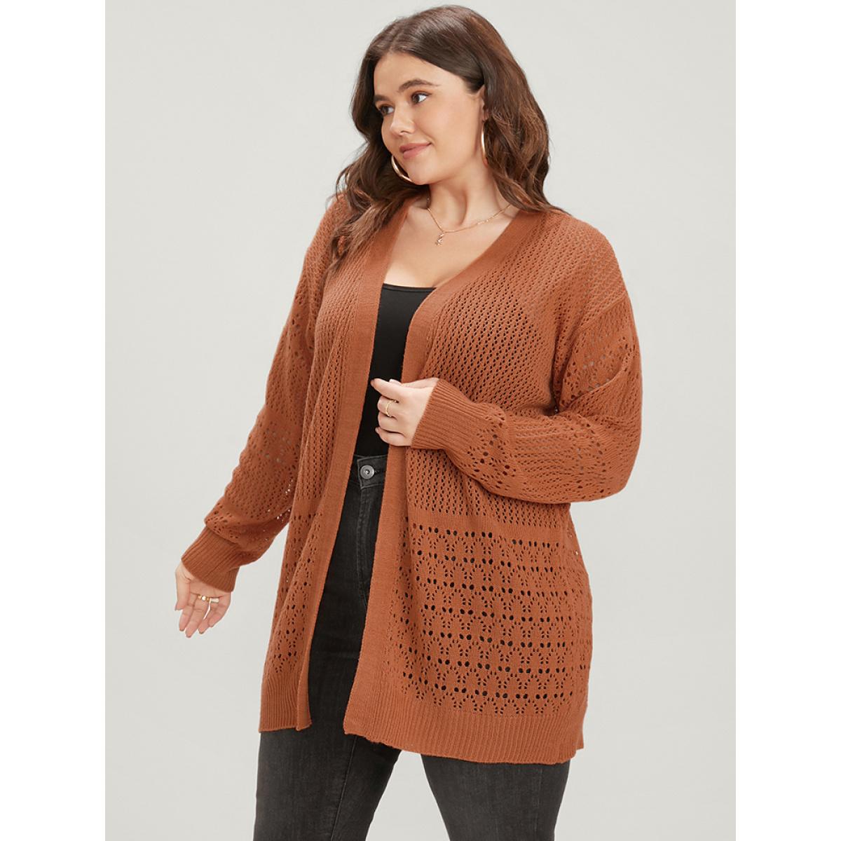 Plus Size Plain Pointelle Knit Open Front Asymmetrical Cut Out Cardigan Chocolate Women Casual Loose Long Sleeve Dailywear Cardigans BloomChic 10/M Product Image