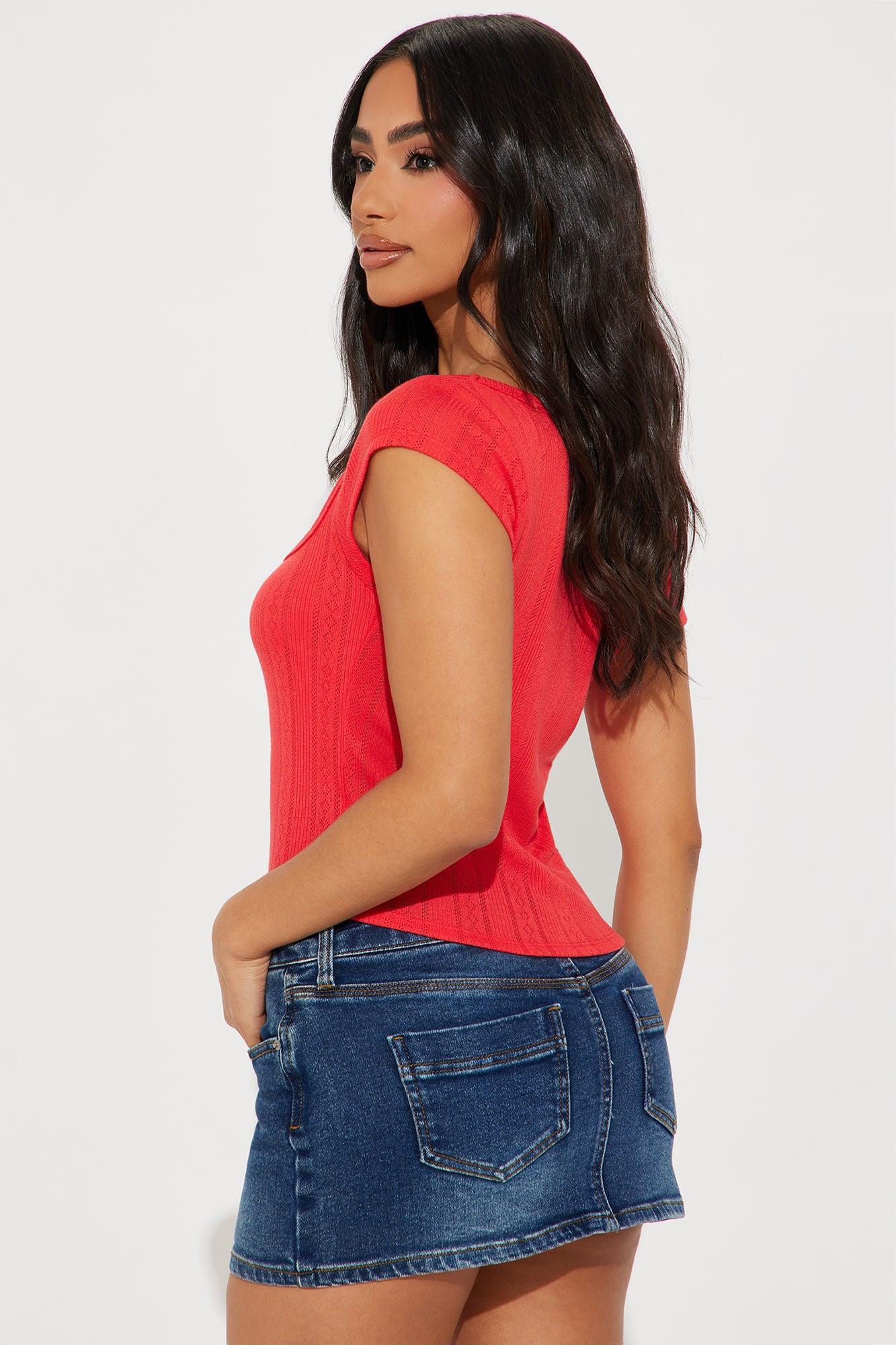 Make Me Blush Lace Trim Top - Red Product Image