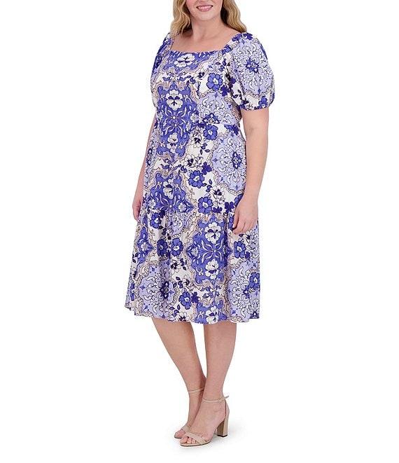 Vince Camuto Plus Size Square Neck Short Puff Sleeve A-Line Midi Dress Product Image