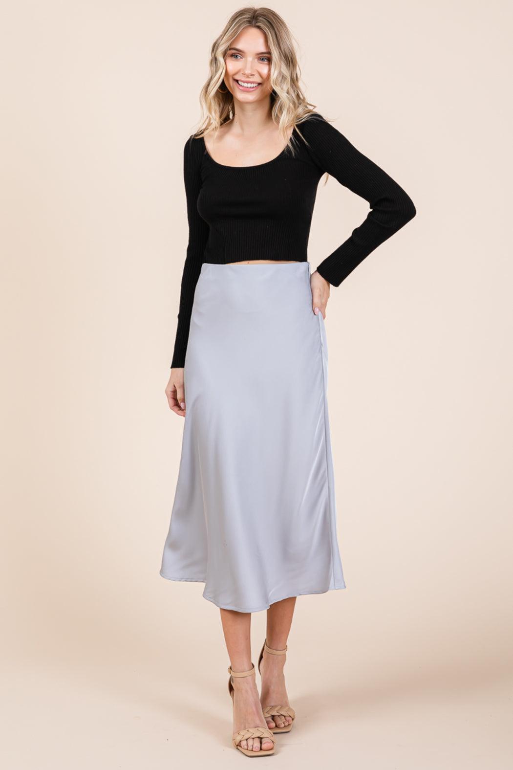 High Waist Satin A Line Midi Skirt Product Image