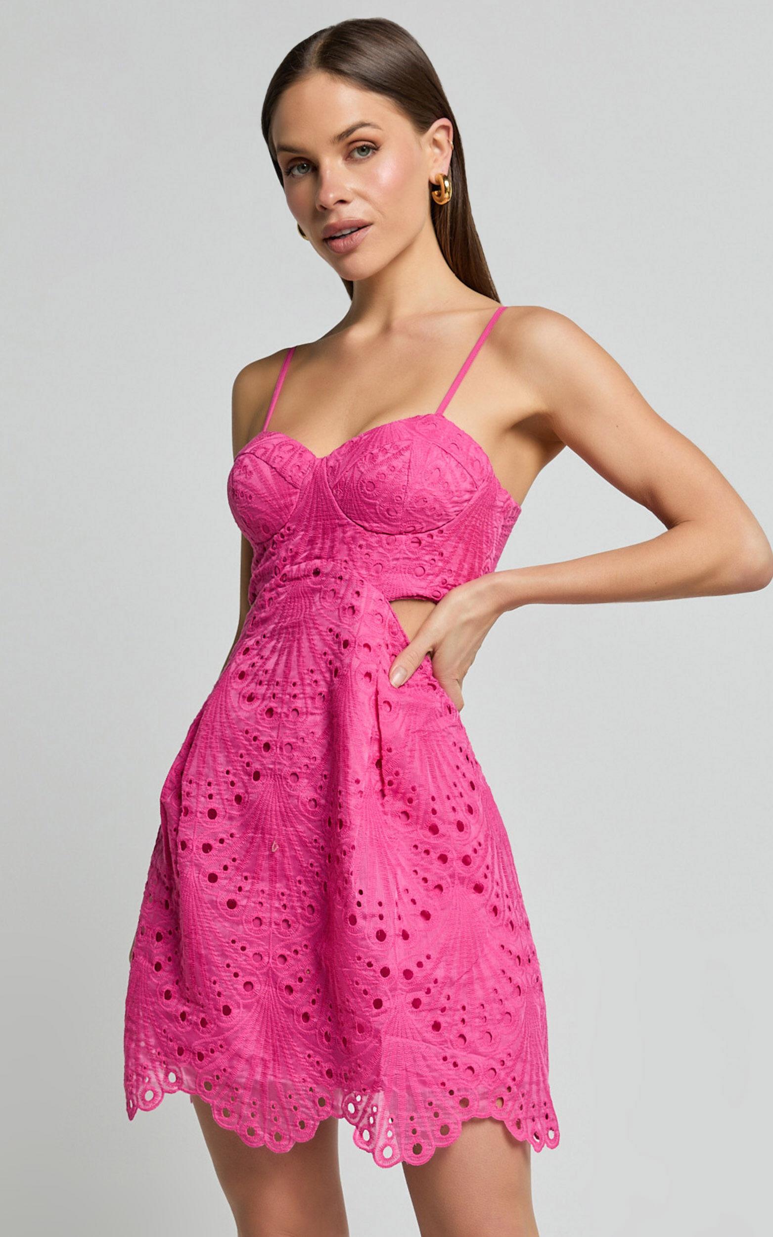 Layne Mini Dress - Strappy Cut Out Embroidered Dress in Pink Product Image