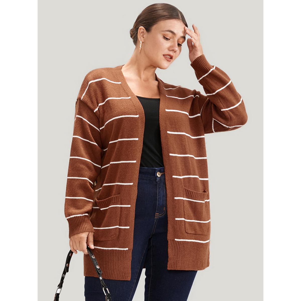 Plus Size Striped Pointelle Knit Button Side Pocket Open Front Cardigan Rust Women Casual Loose Long Sleeve Office Cardigans BloomChic 18-20/2X Product Image
