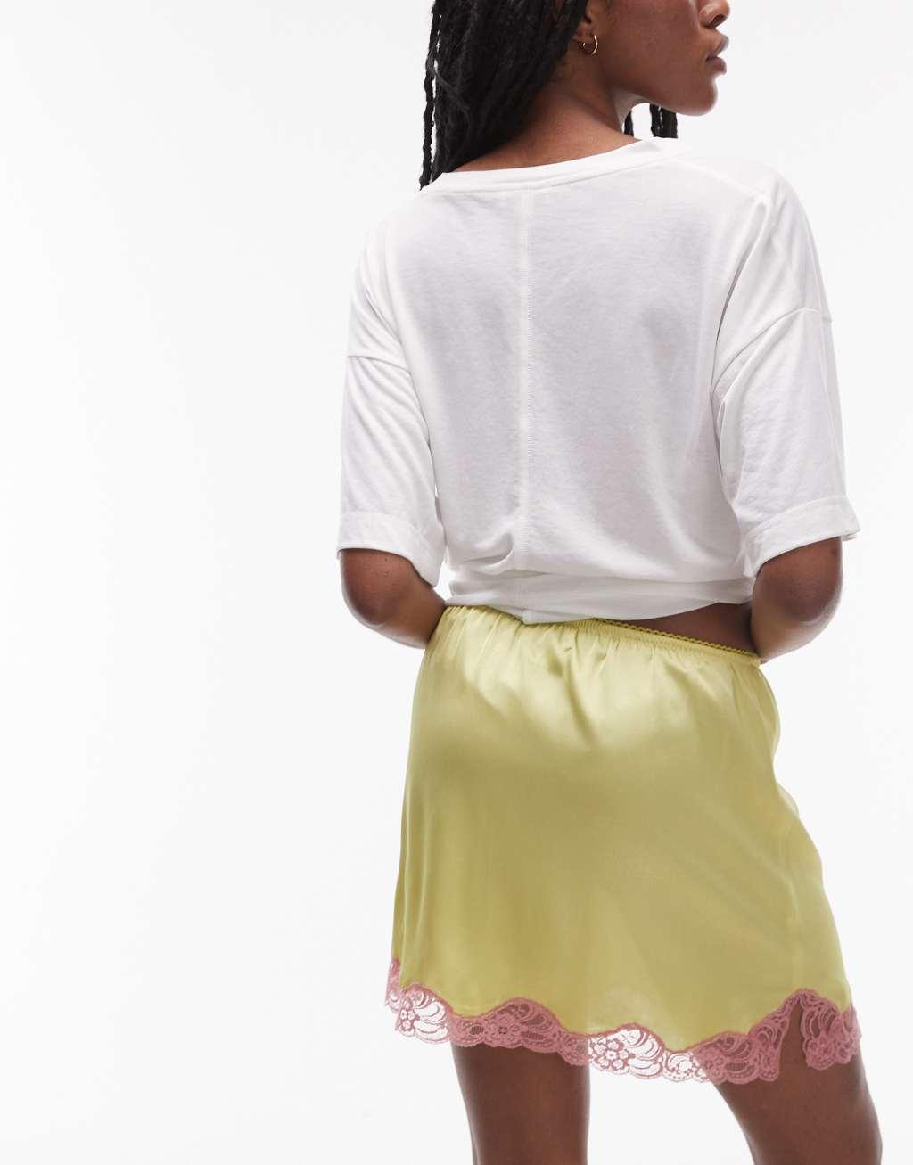Topshop satin mini slip skirt in lime with pale pink lace Product Image