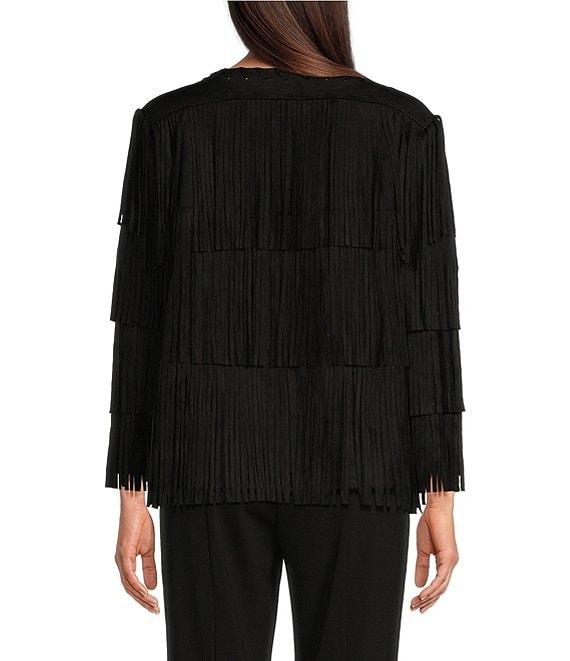 Ali Miles Stretch Suede Fringe Open Long Sleeve Jacket Product Image
