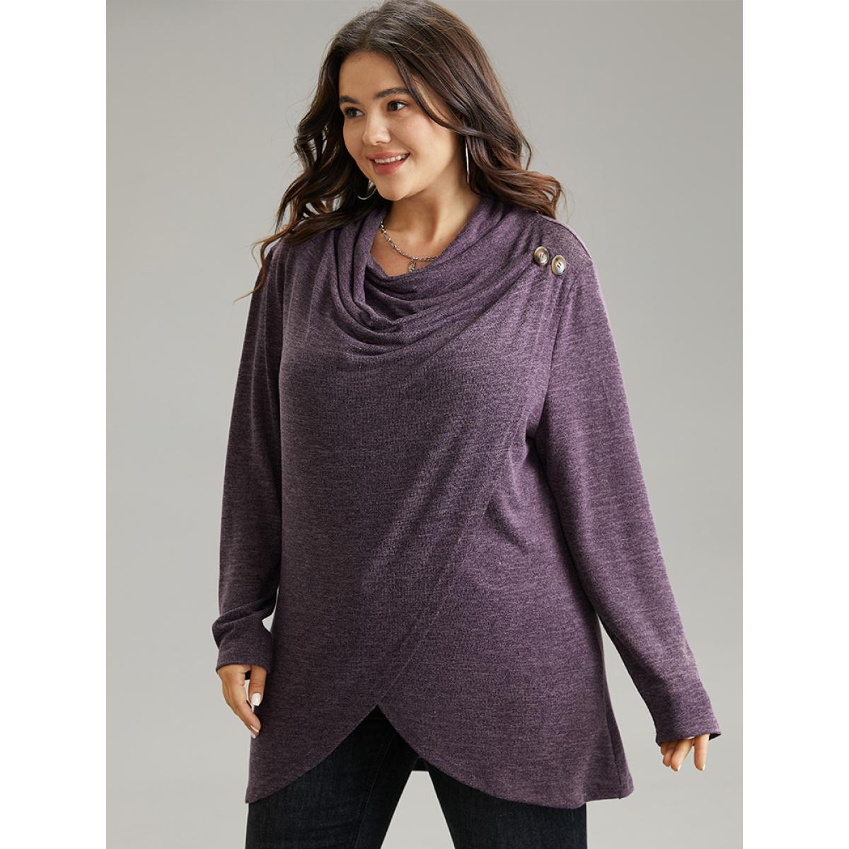Plus Size Plain Heather Cowl Neck Button Detail Sweatshirt Women Purple Casual Overlapping Cowl Neck Everyday Sweatshirts BloomChic 18-20/2X Product Image