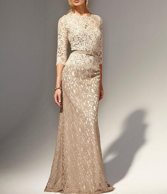 Tadashi Shoji Illusion Boat Neck 3/4 Sleeve Two Tone Floral Lace Scallop Hem Belted Gown Product Image