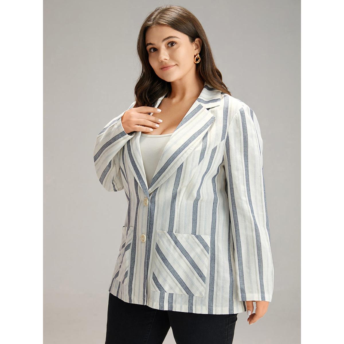 Plus Size Striped Suit Collar Pocket Blazer Blue Women Dailywear Striped Contrast Sleeve Long Sleeve Suit Collar 12/L Pocket Casual Blazers BloomChic Product Image