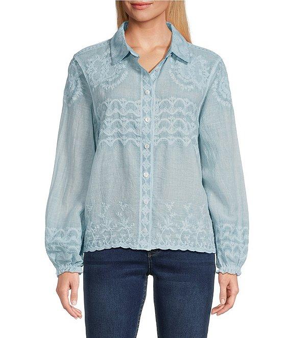 Reba Fancy Woven Point Collar Long Blouson Sleeve Scalloped Lace Button Front Top Product Image