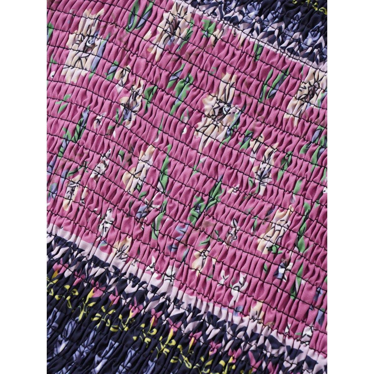 Plus Size Ditsy Floral Shirred Patchwork Ruffle Sleeve Dress Black Women Resort Shirred Square Neck Short sleeve Curvy Midi Dress BloomChic 28/5X Product Image