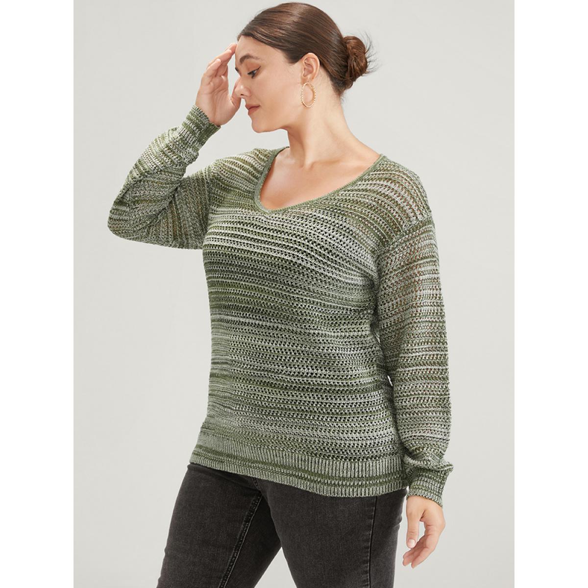 Plus Size Ombre Spacedye Knit V Neck Crochet Knit Top Multicolor Women Casual Loose Long Sleeve V-neck Dailywear Pullovers BloomChic 14-16/1X Product Image