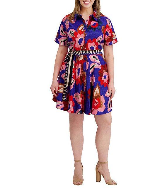 Kensie Plus Size Floral Print Textured Stretch Taffeta Shirt Dress Product Image