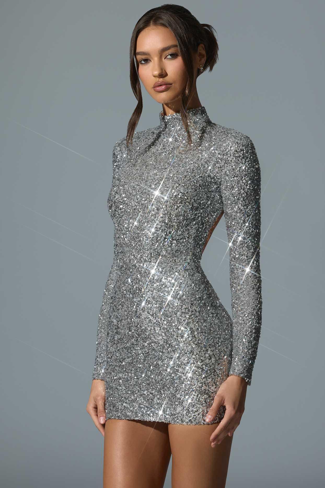 Embellished Open-Back Mini Dress in Silver Product Image