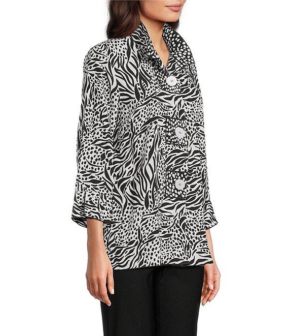 Ali Miles Woven Zebra Leopard Print Wire Collar 3/4 Sleeve Button Front Tunic Product Image