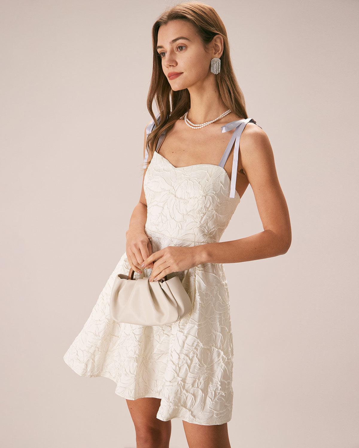 The Off White Jacquard Tie Strap Mini Dress Product Image
