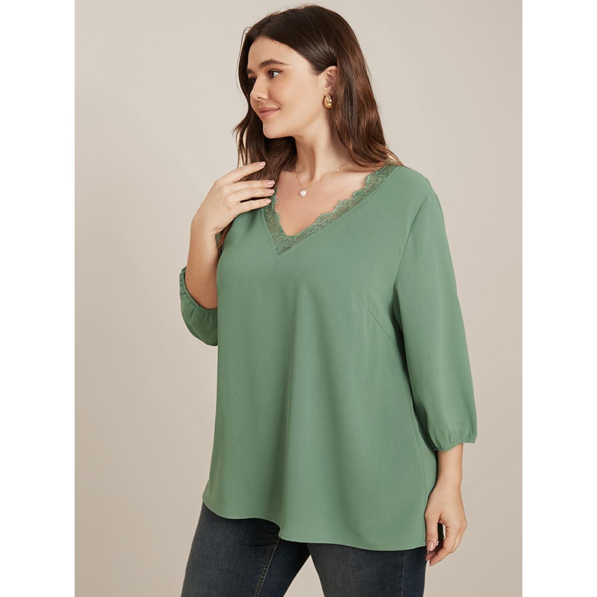 Plus Size Emerald Solid Lantern Sleeve Lace Trim V Neck Blouse Women Elegant Elbow-length sleeve V-neck Dailywear Blouses BloomChic 12/L Product Image