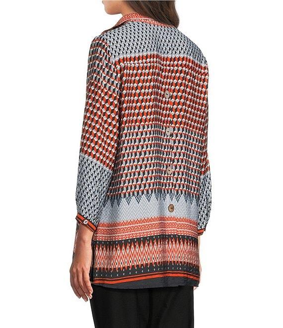 Ali Miles Woven Chevron Geo Print Wire Collar 3/4 Cuff Sleeve Hi-Low Hem Button Front Tunic Product Image