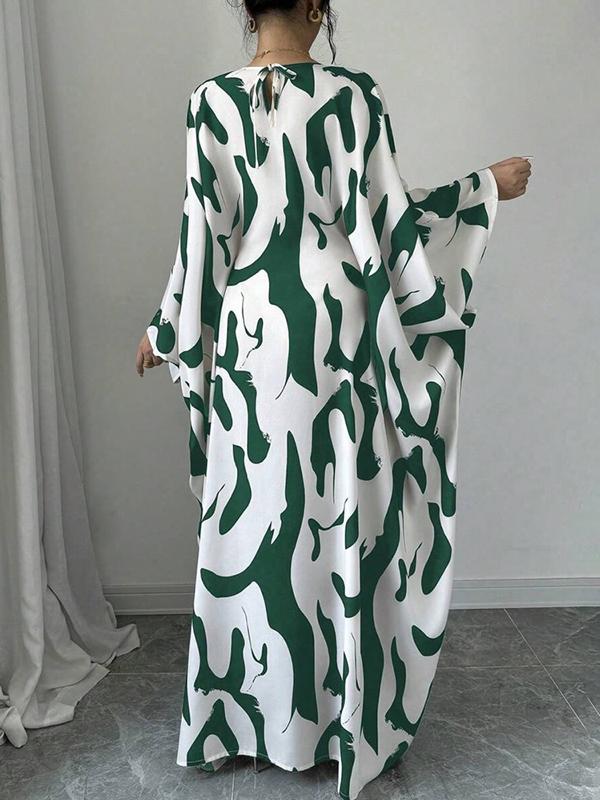 Batwing Sleeves Loose Contrast Color Printed Round-Neck Maxi Dresses Product Image