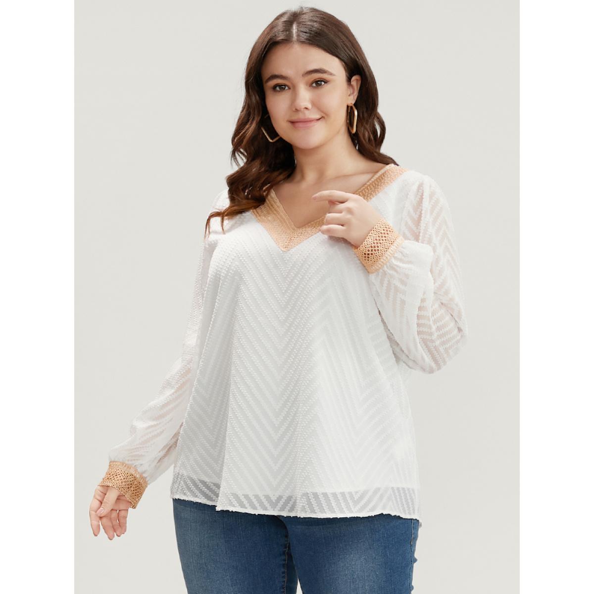 Plus Size Ivory Geometric Mesh Crochet Lace V Neck Blouse Women Elegant Long Sleeve V-neck Dailywear Blouses BloomChic 22-24/3X Product Image