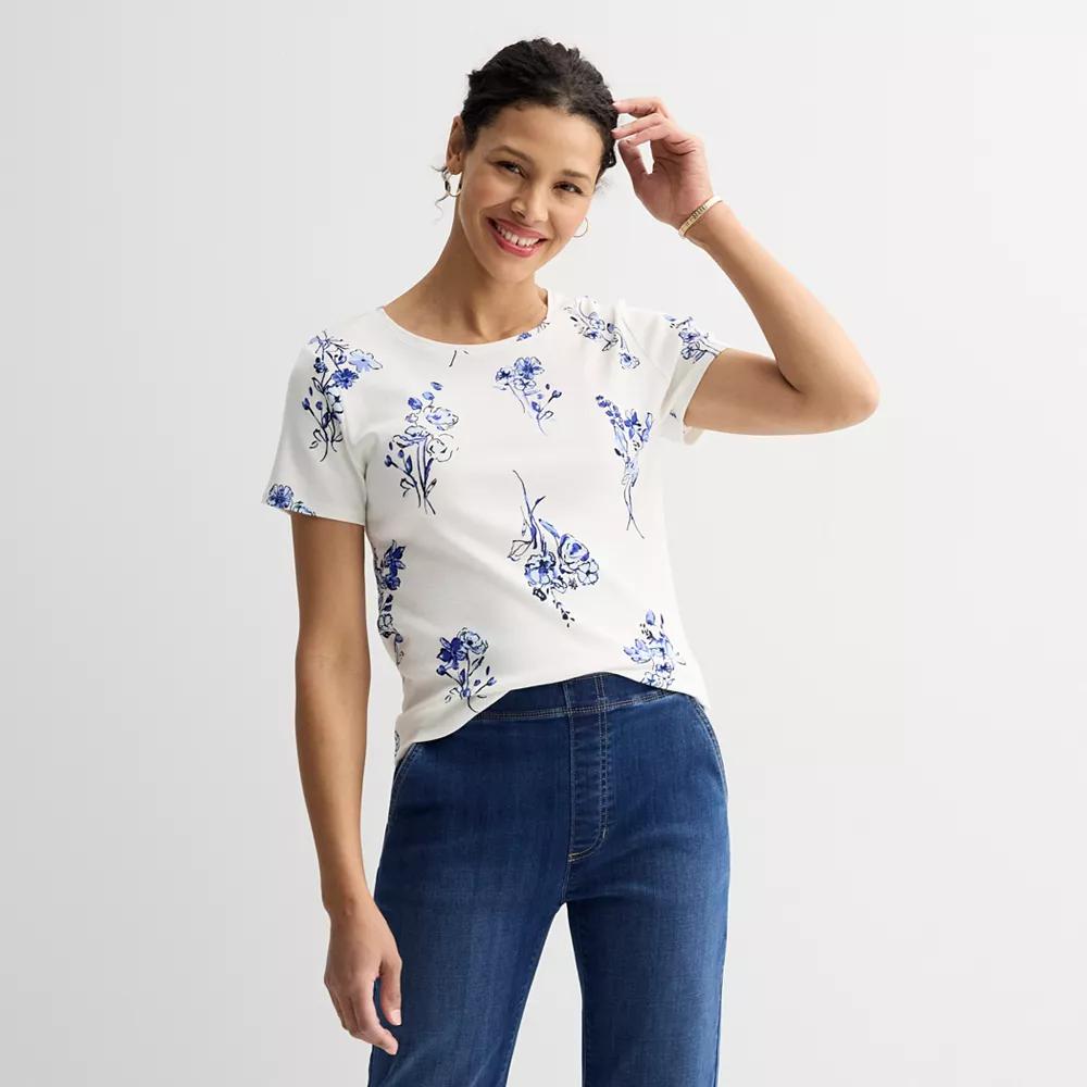 Petite Croft & Barrow® Essential Crewneck Tee, Women's, Size: Small Petite, Blue White Easy Floral Product Image