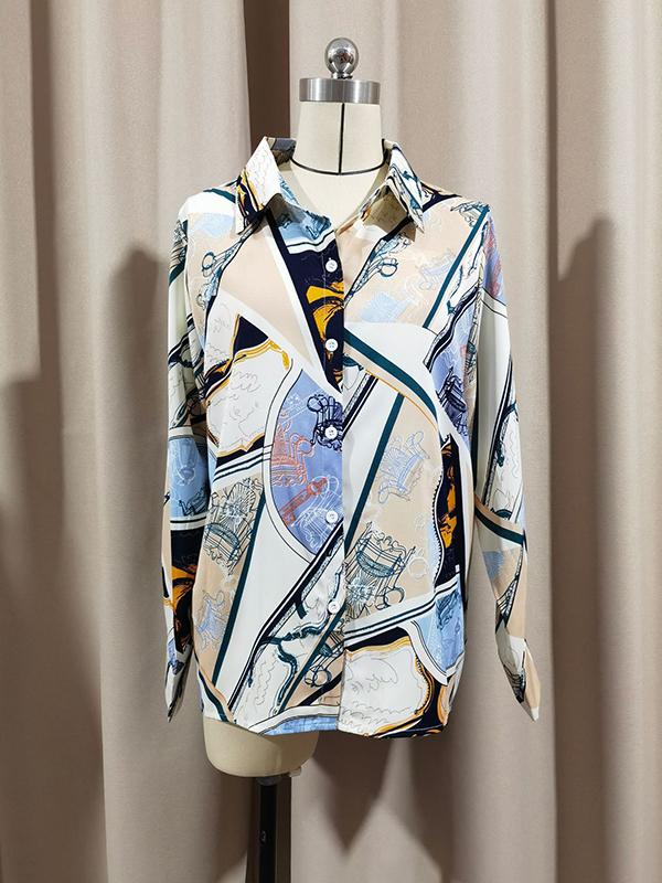 Long Sleeves Loose Buttoned Printed Split-Joint Lapel Blouses&Shirts Tops Product Image
