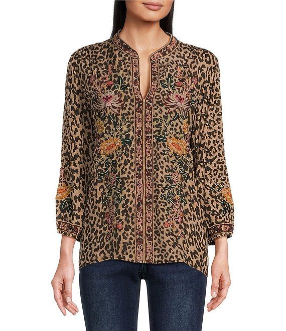 Karyn Seo Maria Floral Animal Print Embroidered Notch V-Neck 3/4 Sleeve Top Product Image