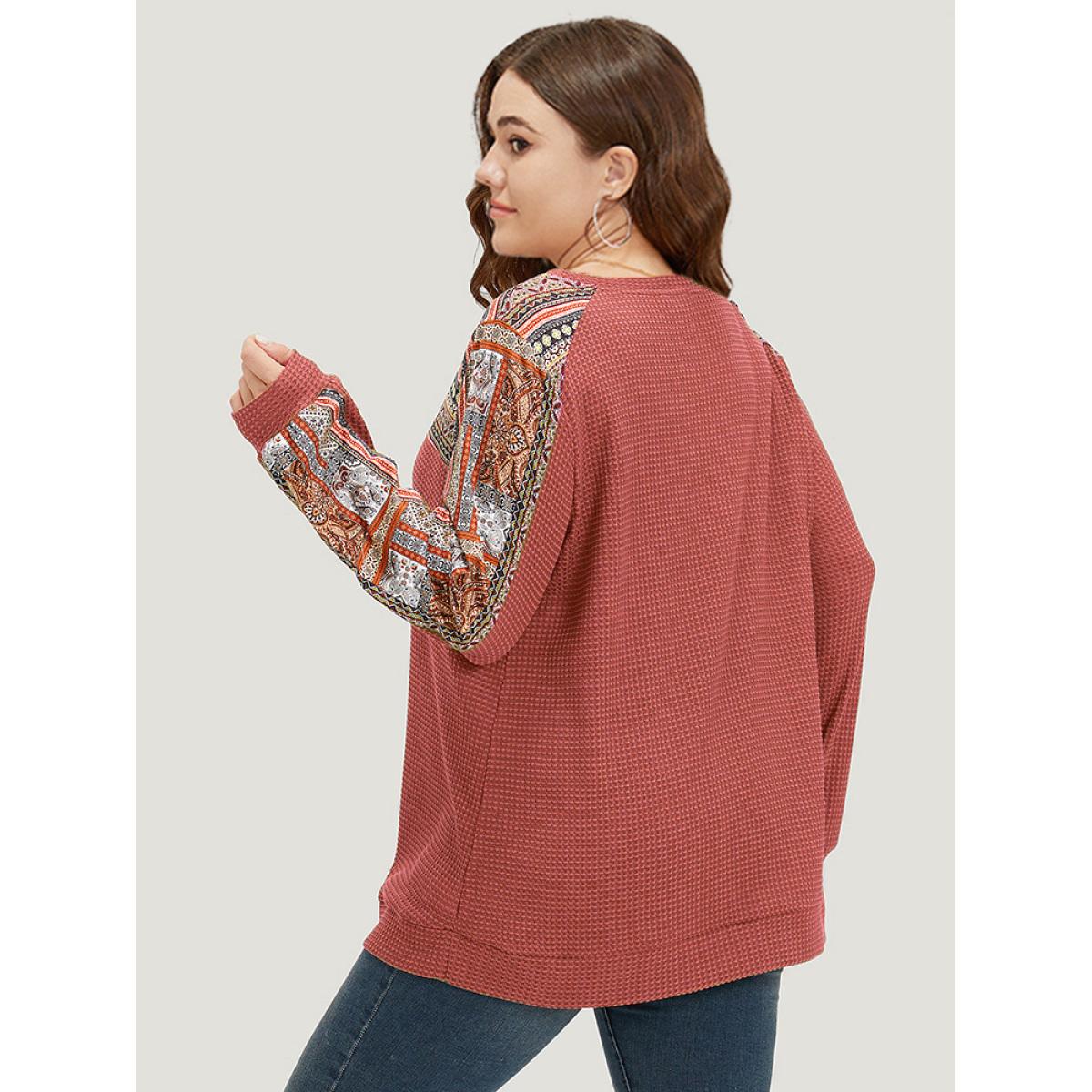 Plus Size Boho Print Patchwork Waffle Knit Crew Neck Sweatshirt Women Chocolate Casual Elastic cuffs Round Neck Dailywear Sweatshirts BloomChic 22-24/3X Product Image