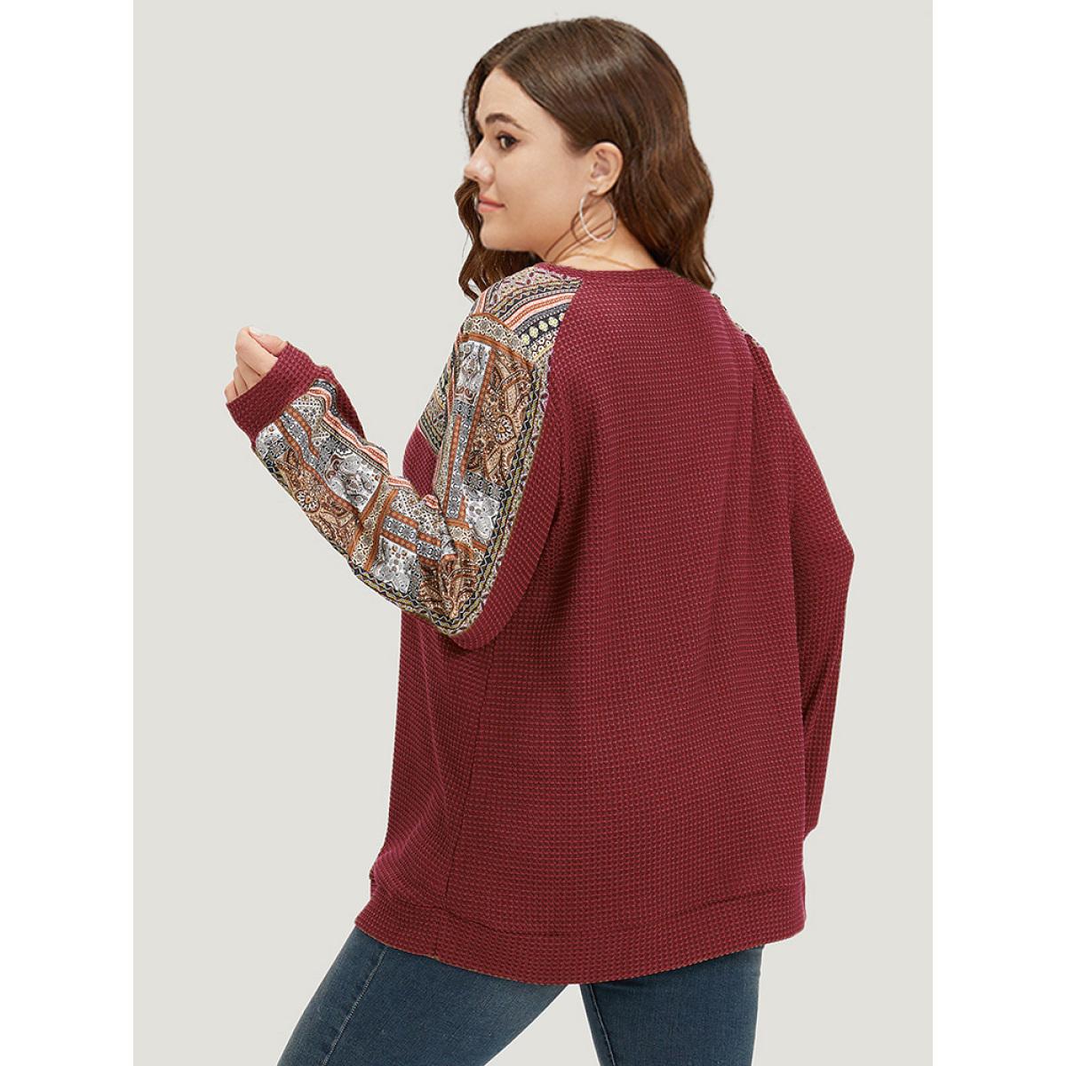 Plus Size Boho Print Patchwork Waffle Knit Crew Neck Sweatshirt Women Burgundy Casual Elastic cuffs Round Neck Dailywear Sweatshirts BloomChic 18-20/2X Product Image