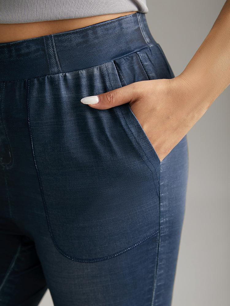 Denim Effect Print Elastic Waist Flare Leg Leggings Female Product Image