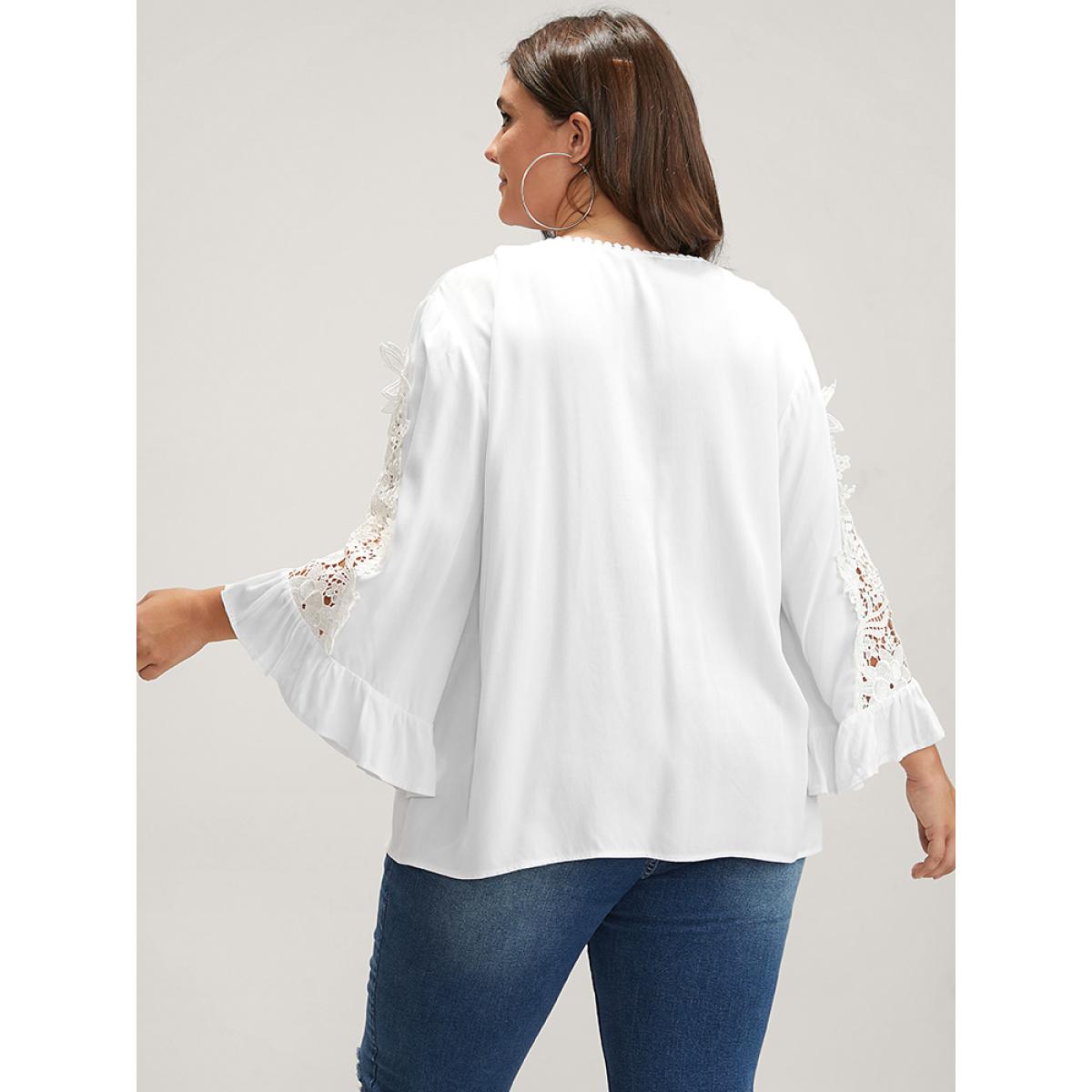 Plus Size White Solid Lace Flounce Sleeve V Neck Blouse Women Elegant Long Sleeve V-neck Dailywear Blouses BloomChic 28/5X Product Image