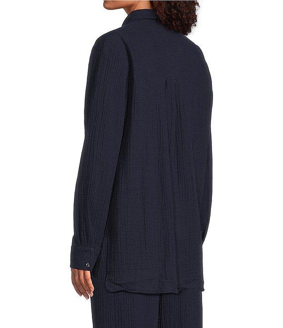 Eileen Fisher Petite Size Organic Cotton Gauze Point Collar Long Sleeve Top Product Image