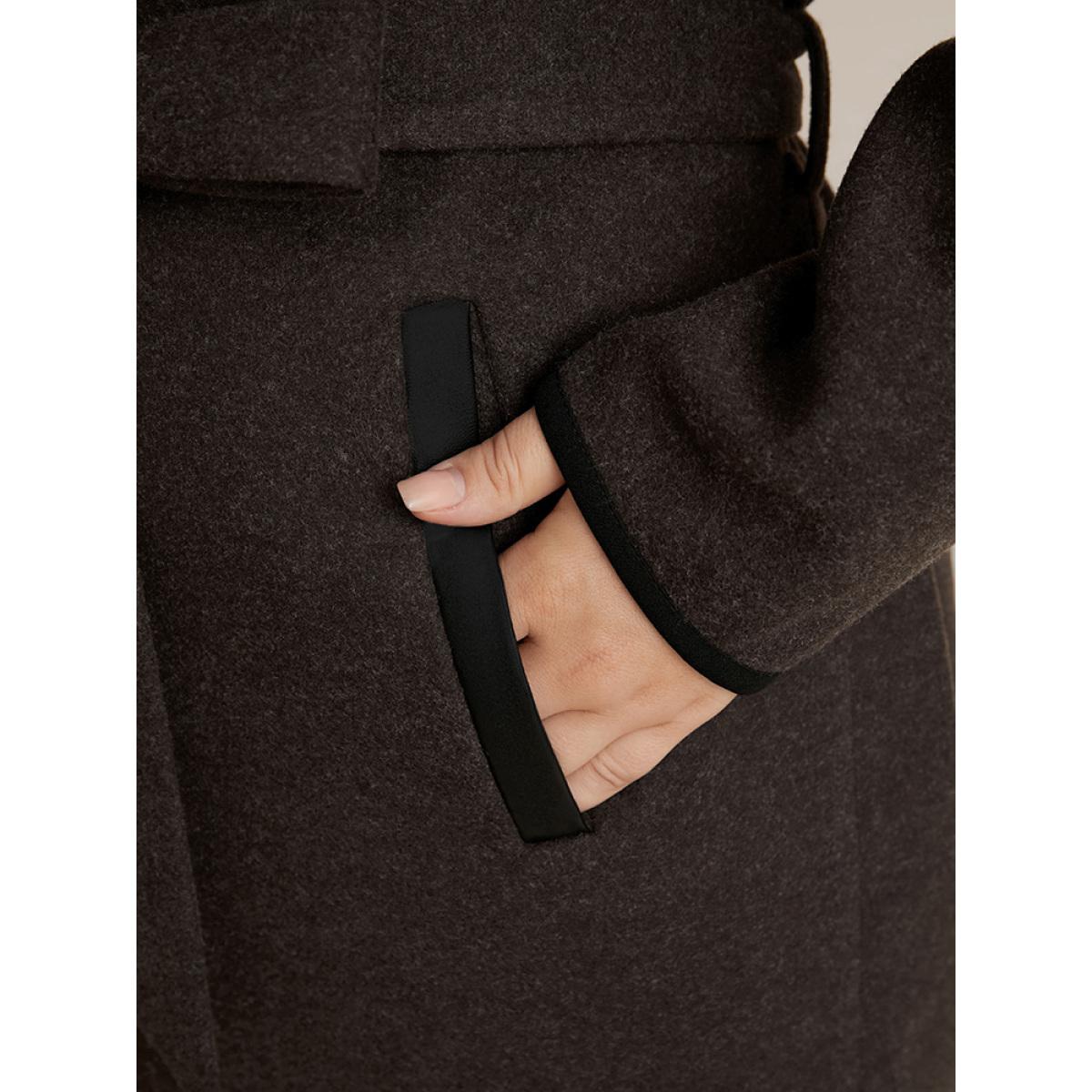 Plus Size Contrast Trim Pocket Belted Lapel Collar Coat Women DarkBrown Office Belted Ladies Work Winter Coats BloomChic 28/5X Product Image