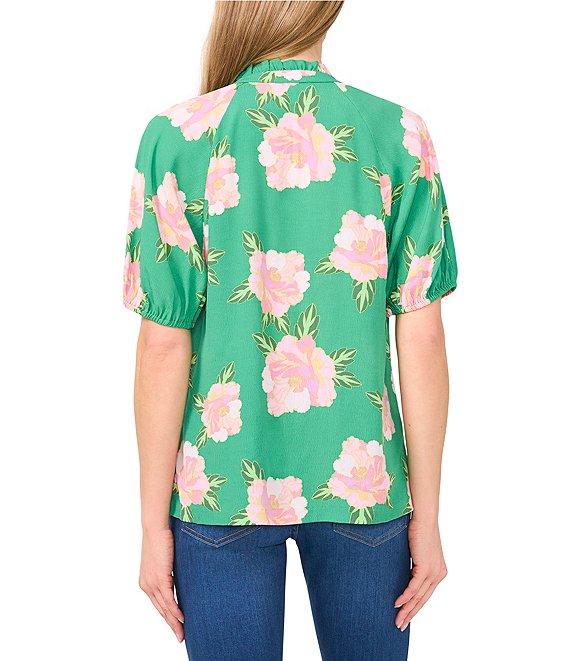 CeCe Woven Floral Print Round Neck Short Puff Sleeve Blouse Product Image