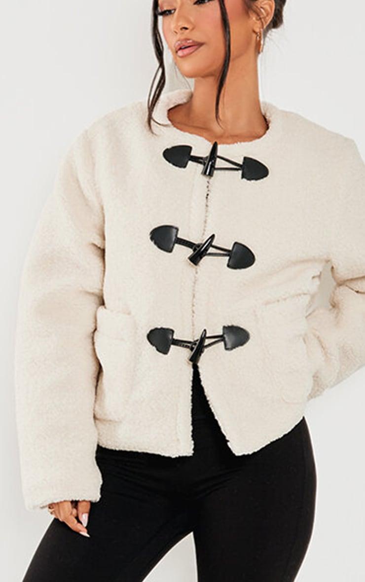 Petite Cream Borg Longline Clasp Detail Jacket Product Image