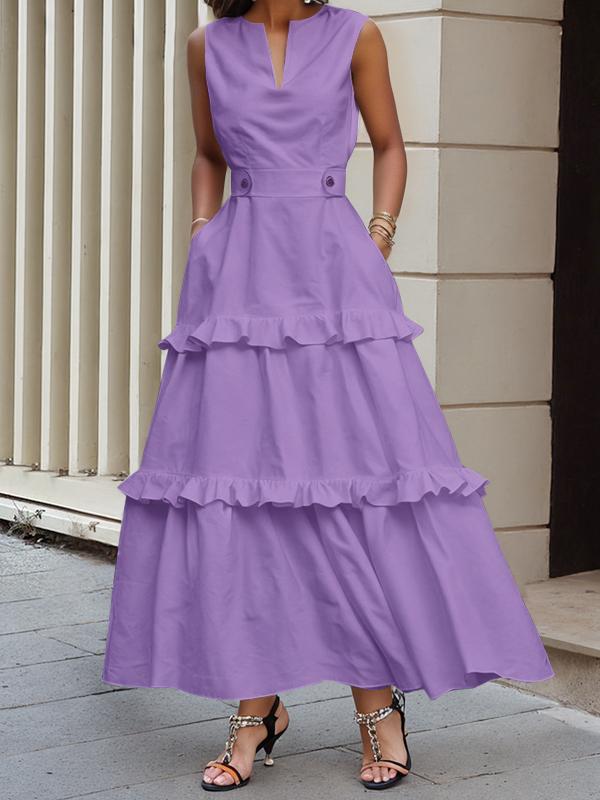A-Line High Waisted Buttoned Pleated Pockets Solid Color Split-Joint V-Neck Maxi Dresses Product Image