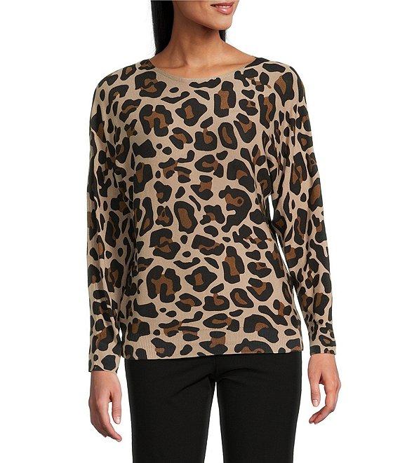Investments Petite Leopard Long Sleeve Boat Neck Pullover Sweater Product Image