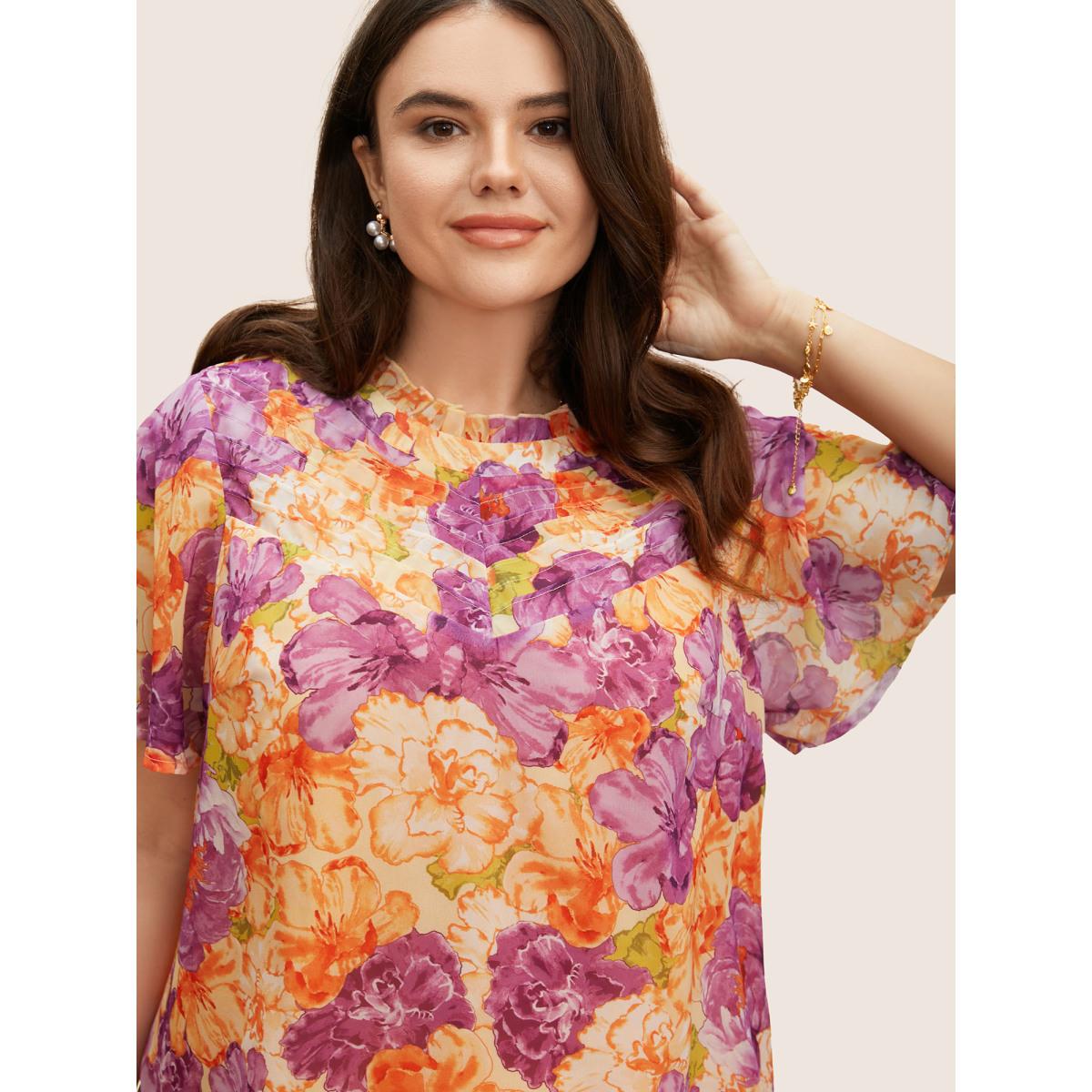 Plus Size Multicolor Mock Neck Contrast Floral Flutter Sleeve Blouse Women Elegant Short sleeve Mock Neck Everyday Blouses BloomChic 18-20/2X Product Image