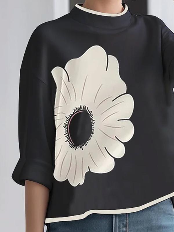 A-line High-low Flower Print Mock Neck T-Shirts Tops Product Image
