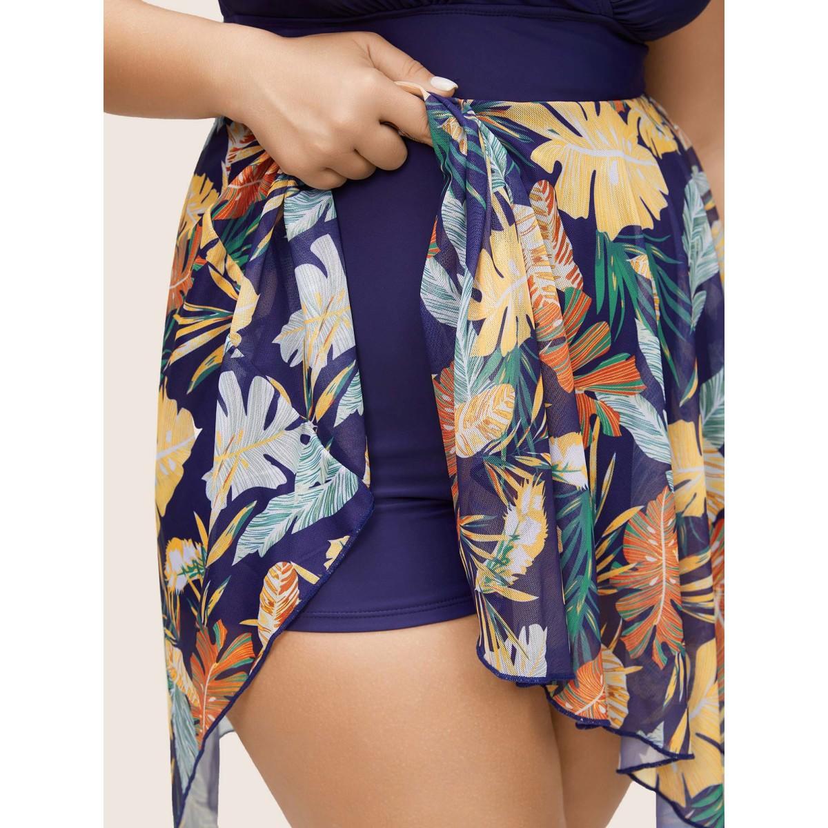 Plus Size Tropical Print Patchwork Crisscross Hanky Hem Swim Dress Women's Swimwear Indigo Vacation Bodycon Overlap Collar High stretch Curve Swim Dresses BloomChic 30/6X Product Image