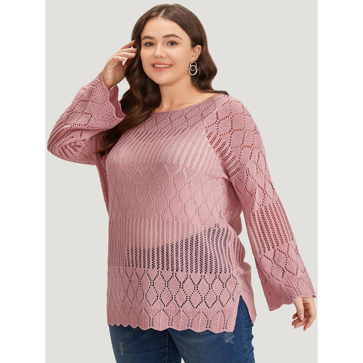 Plus Size Supersoft Essentials Hollow Out Split Side Bell Sleeve Pullover Watermelon Women Casual Loose Long Sleeve Round Neck Everyday Pullovers BloomChic 26/4X Product Image