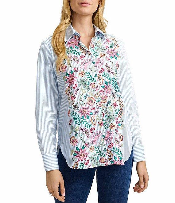 Foxcroft Meghan Cotton Floral Stripe Point Collar Long Sleeve Button Front Shirt Product Image