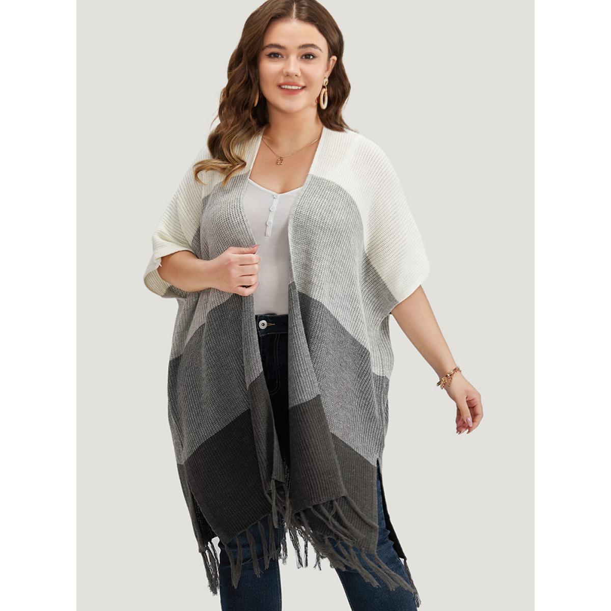 Plus Size Colorblock Fringe Trim Batwing Sleeve Split Side Cardigan Multicolor Women Casual Loose Short sleeve Dailywear Cardigans BloomChic 14-16/1X Product Image