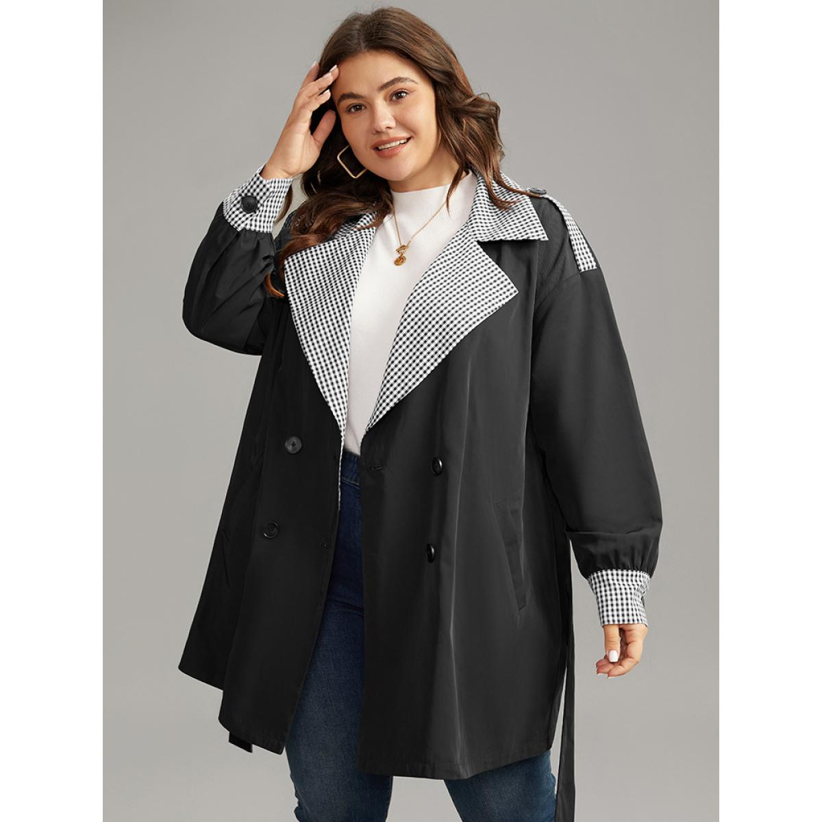 Plus Size Gingham Patchwork Belted Pocket Coat Women Black Casual Belted Ladies Dailywear Winter Coats BloomChic 12/L Product Image