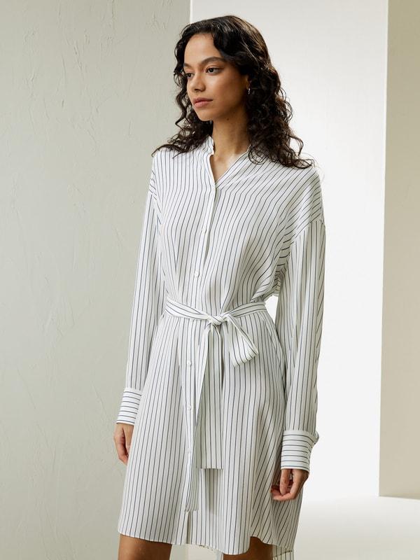 Pinstriped Silk Shirtdress with Belt Product Image